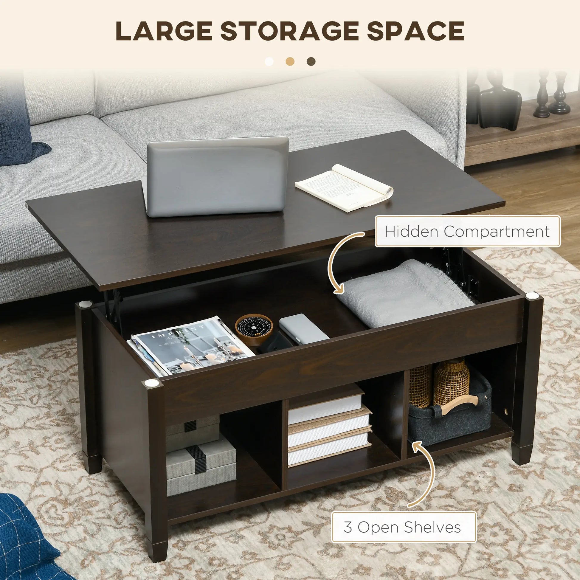 Lift Top Coffee Table, Hidden Storage, 3 Shelves, Espresso Coffee Tables at Gallery Canada