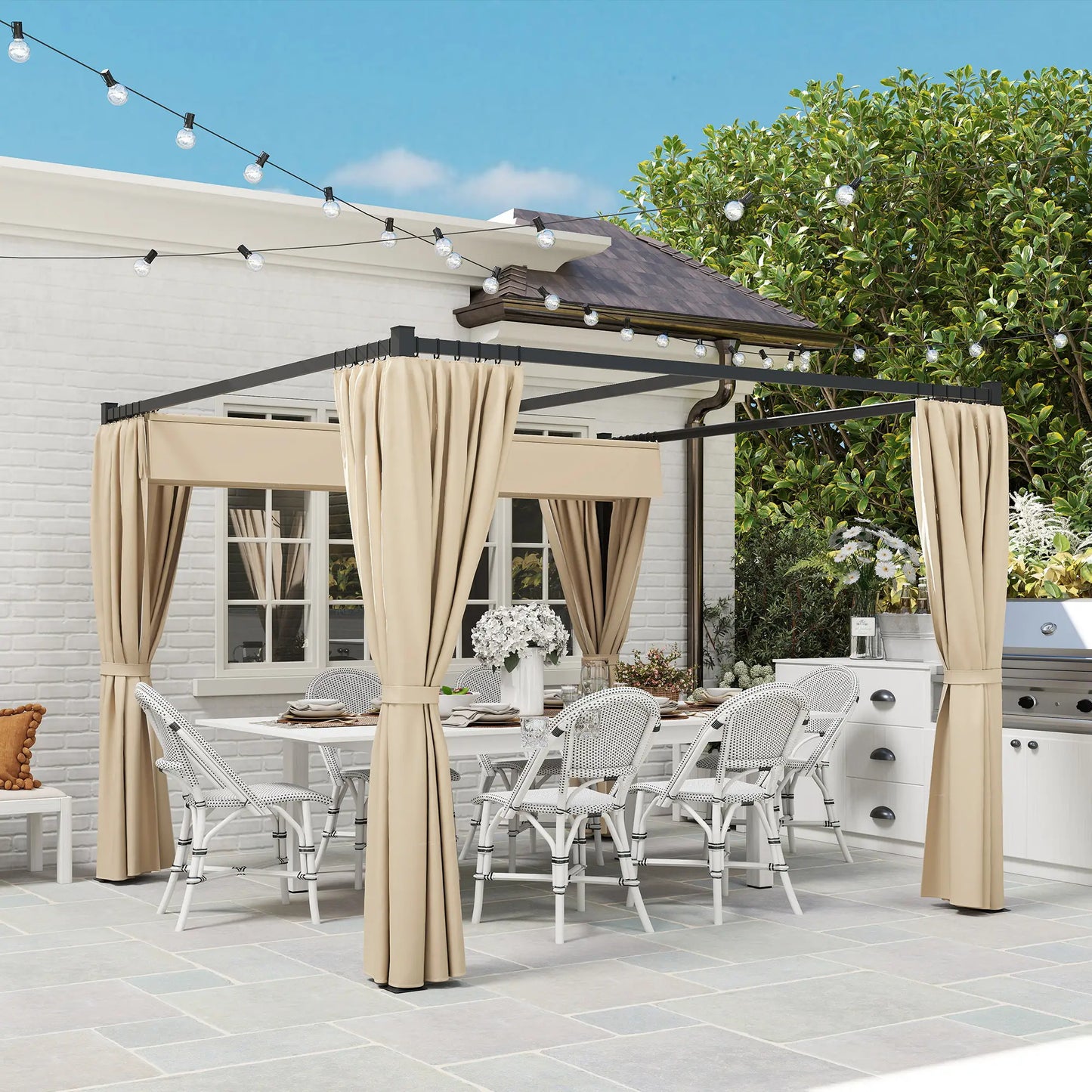 10' x 10' Retractable Pergola, Garden Gazebo with Curtains, Beige Pergolas at Gallery Canada