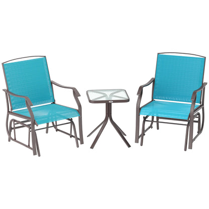 3 Piece Patio Glider Set, Breathable Mesh Seat, Glass Top Table, Blue Outdoor Gliders at Gallery Canada