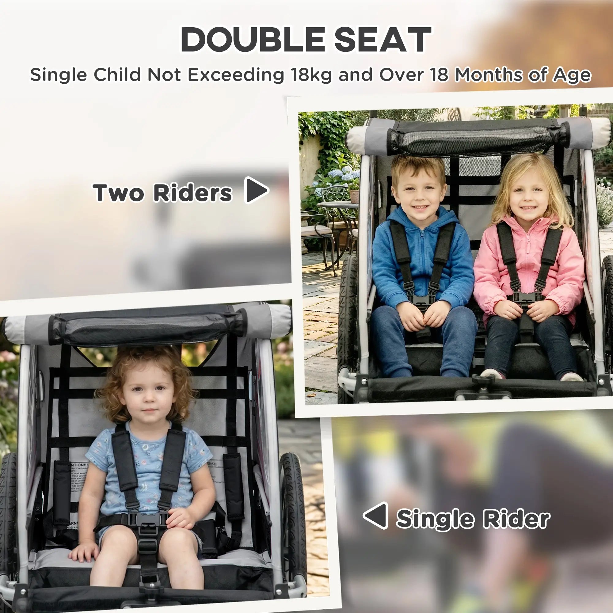 2 Seat Bike Trailer, 2-in-1 Baby Stroller, Handbrake, Rubber Wheels, Grey Kids Bike Trailers at Gallery Canada