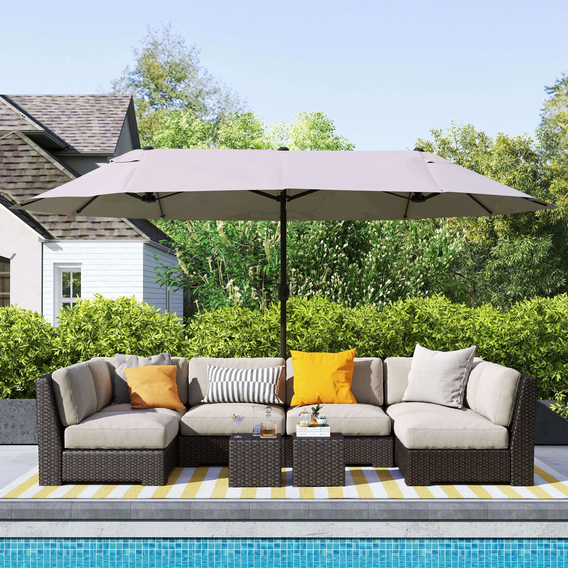 15' Outdoor Patio Umbrella, Twin Canopy Sunshade, Steel Table, Lift Crank, Tan Sun Umbrellas at Gallery Canada