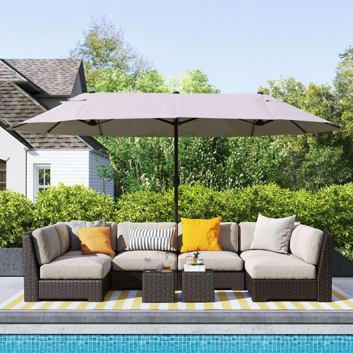 15' Outdoor Patio Umbrella, Twin Canopy Sunshade, Steel Table, Lift Crank, Tan