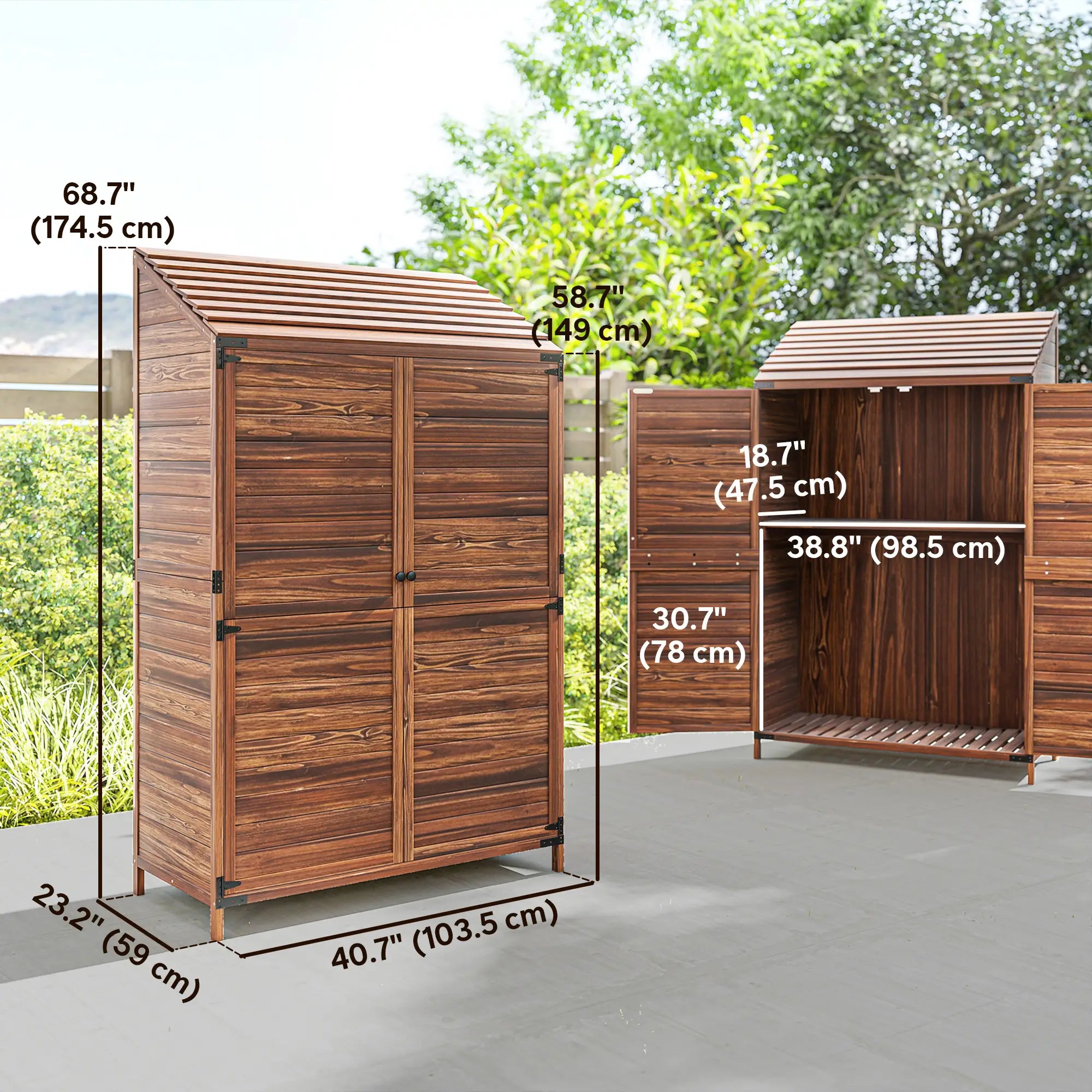 Outdoor Wooden Storage Cabinet, Double Doors with Shelves, Mixed-Brown, Brown Sheds at Gallery Canada