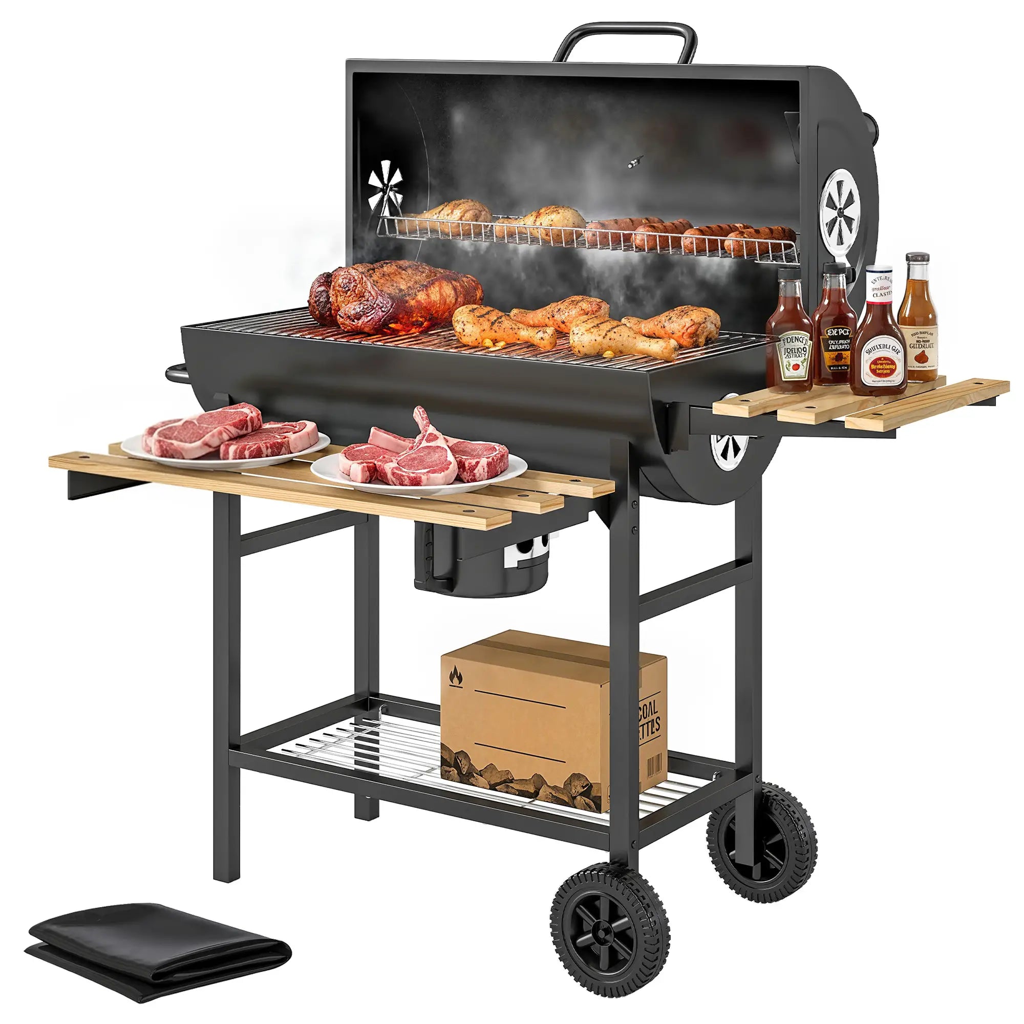 Charcoal BBQ Grill With Foldable Shelves, Warming Rack, Thermometer, Wheels Charcoal BBQ Grils at Gallery Canada