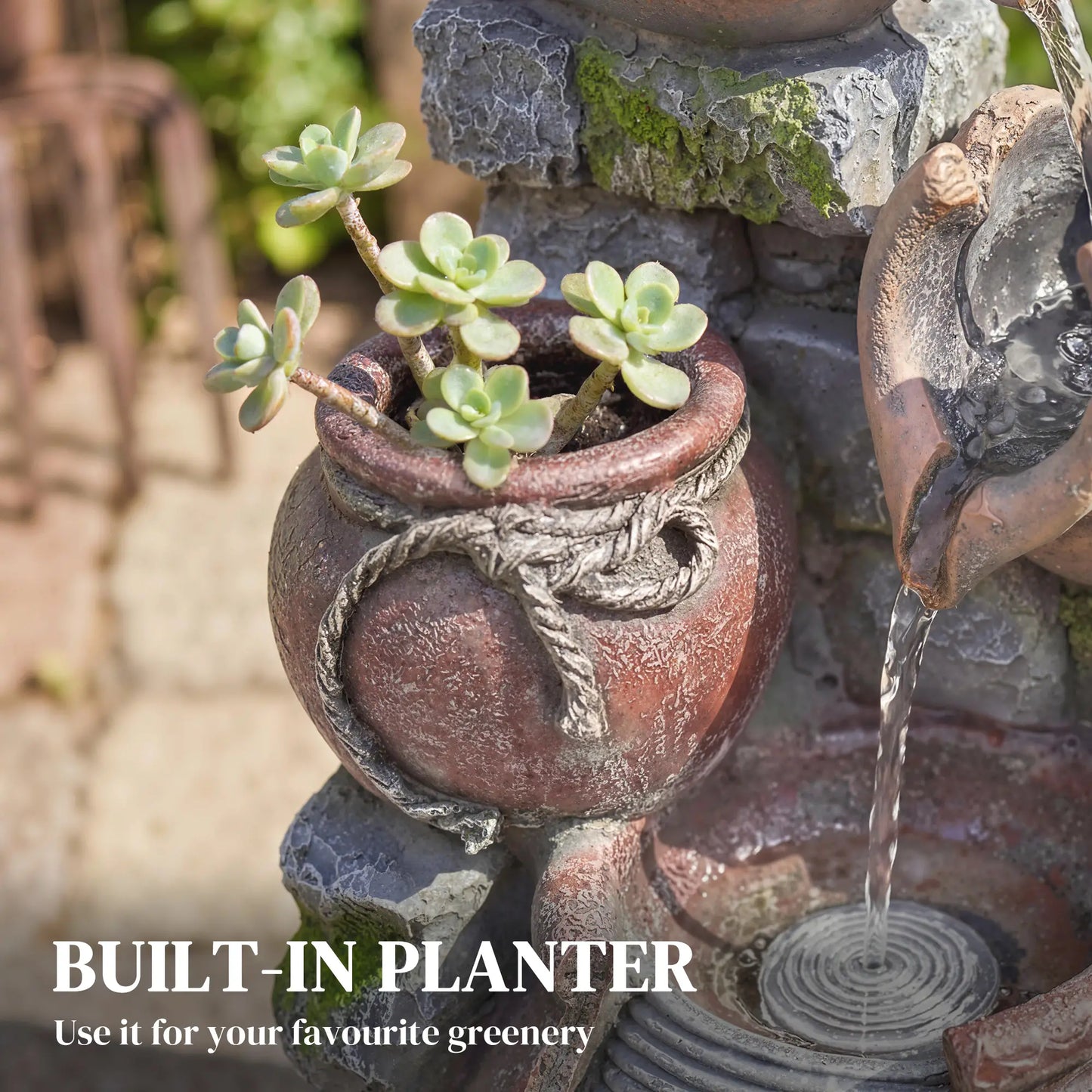 Outdoor Fountain, 4-Tier Rustic Pot, Cascading Rock Waterfall, LED Lights, Adjustable Flow Water Fountains at Gallery Canada