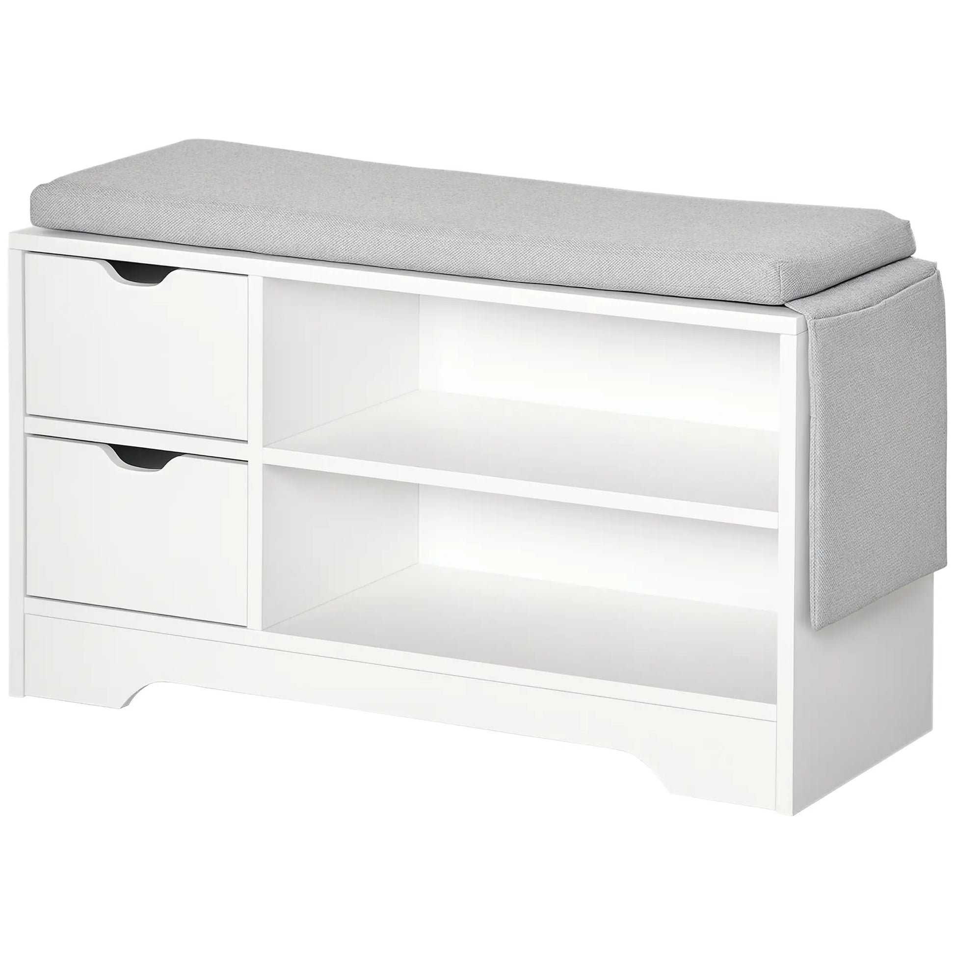 Upholstered Shoe Storage Bench With Seat, Drawer, Open Shelves, White Shoe Storage Cabinets & Racks at Gallery Canada