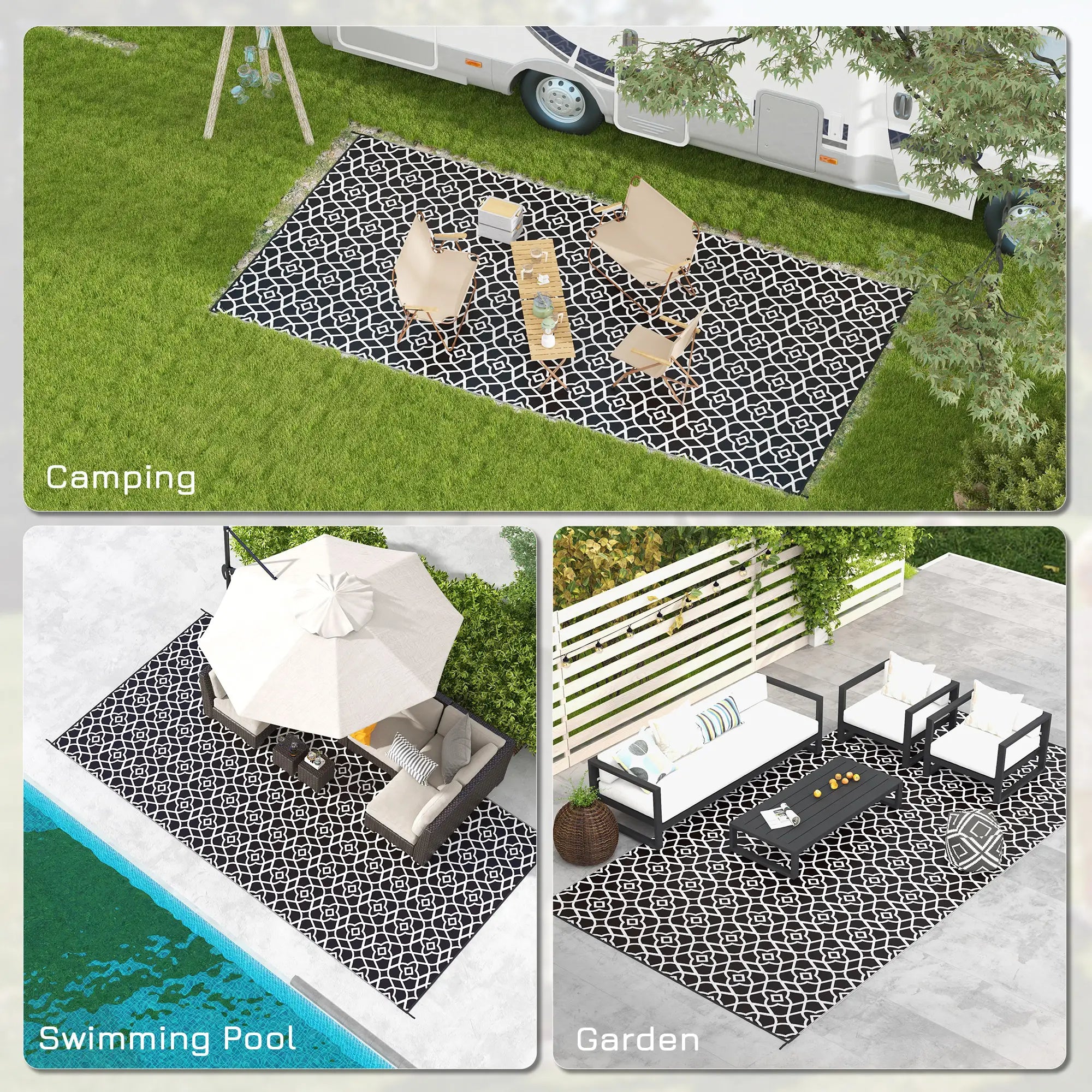 Reversible Outdoor Rug, Waterproof, 9' x 18', Clover, Black and White Outdoor Reversible Rugs at Gallery Canada
