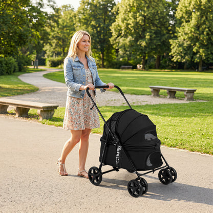 Pet Stroller for Small Medium Dogs Foldable with One-Step Rear Brake and Canopy, Black