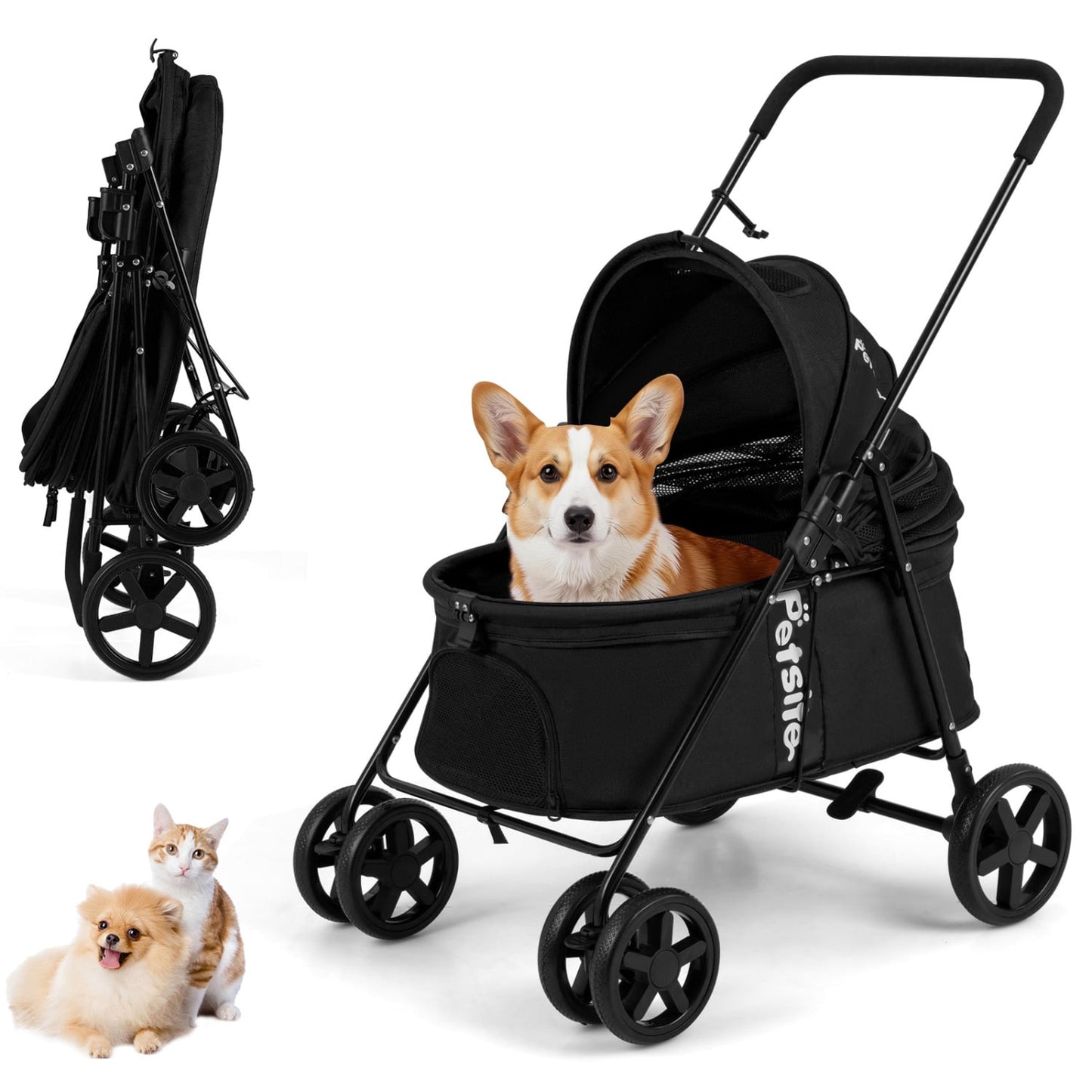 Pet Stroller for Small Medium Dogs Foldable with One-Step Rear Brake and Canopy, Black