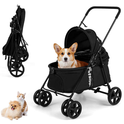 Pet Stroller for Small Medium Dogs Foldable with One-Step Rear Brake and Canopy, Black