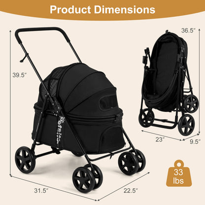 Pet Stroller for Small Medium Dogs Foldable with One-Step Rear Brake and Canopy, Black