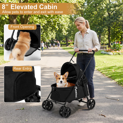 Pet Stroller for Small Medium Dogs Foldable with One-Step Rear Brake and Canopy, Black