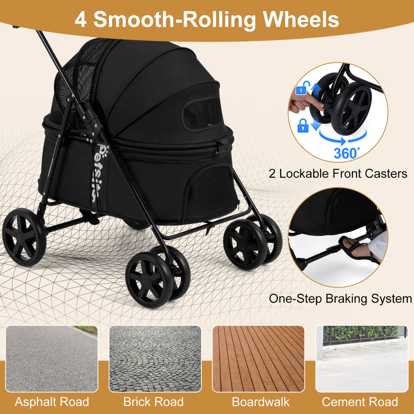Pet Stroller for Small Medium Dogs Foldable with One-Step Rear Brake and Canopy, Black