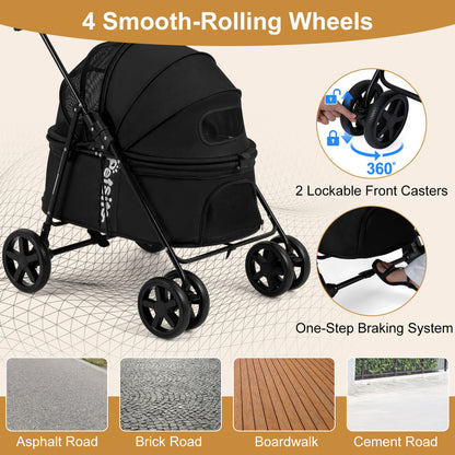 Pet Stroller for Small Medium Dogs Foldable with One-Step Rear Brake and Canopy, Black