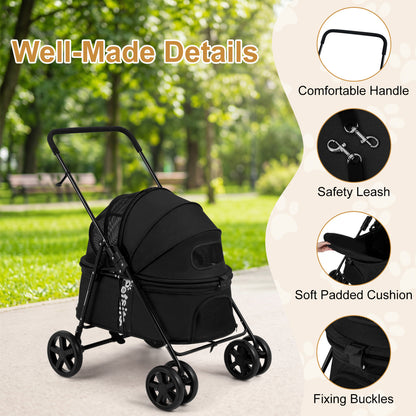 Pet Stroller for Small Medium Dogs Foldable with One-Step Rear Brake and Canopy, Black