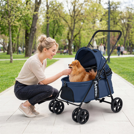 Pet Stroller for Small Medium Dogs Foldable with One-Step Rear Brake and Canopy, Navy Dog Supplies Navy at Gallery Canada