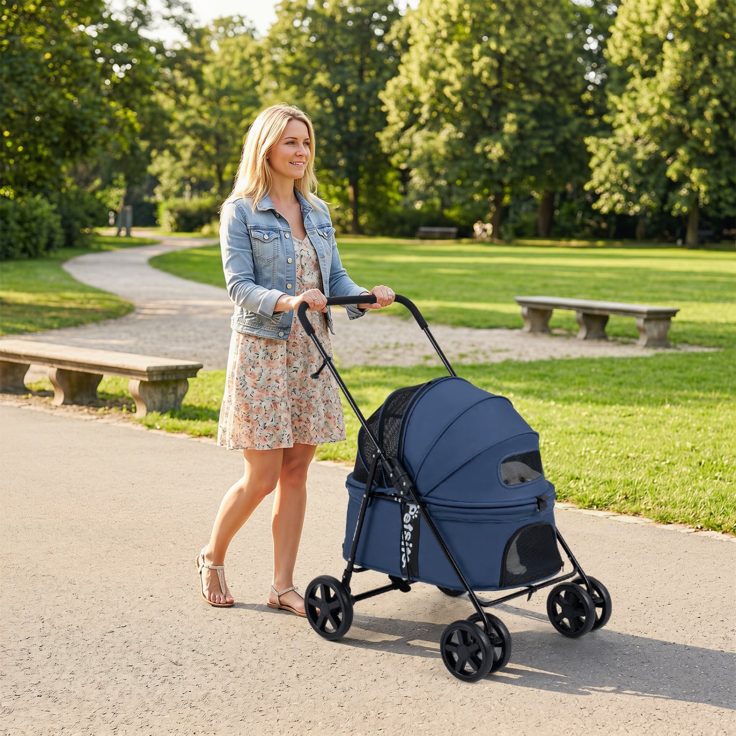 Pet Stroller for Small Medium Dogs Foldable with One-Step Rear Brake and Canopy, Navy