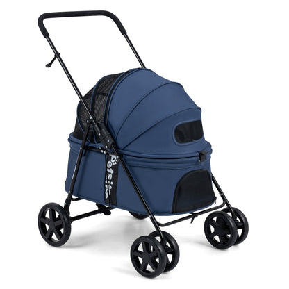 Pet Stroller for Small Medium Dogs Foldable with One-Step Rear Brake and Canopy, Navy