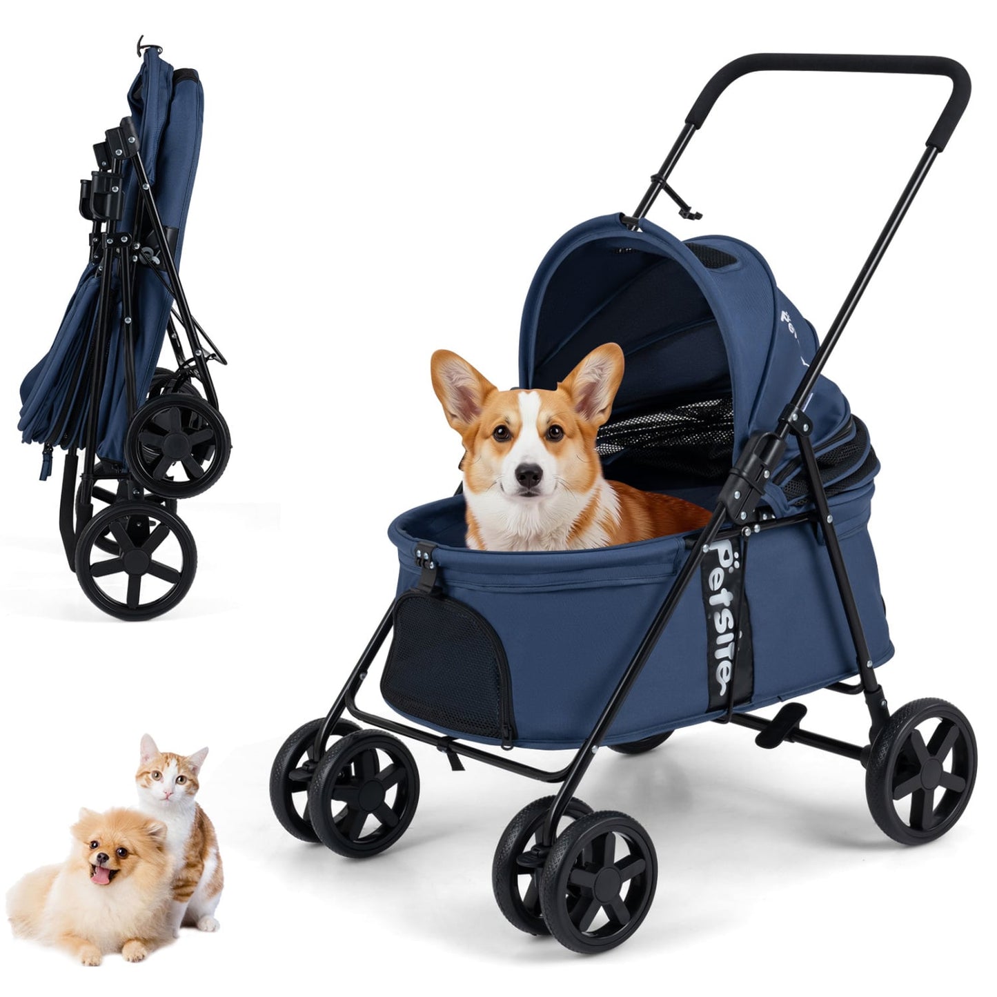 Pet Stroller for Small Medium Dogs Foldable with One-Step Rear Brake and Canopy, Navy