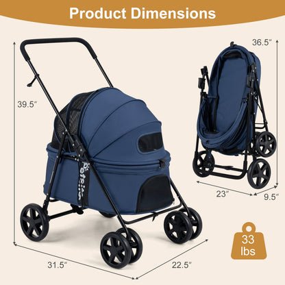 Pet Stroller for Small Medium Dogs Foldable with One-Step Rear Brake and Canopy, Navy