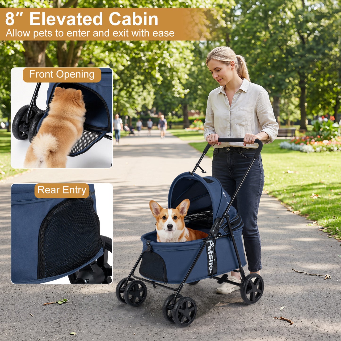 Pet Stroller for Small Medium Dogs Foldable with One-Step Rear Brake and Canopy, Navy