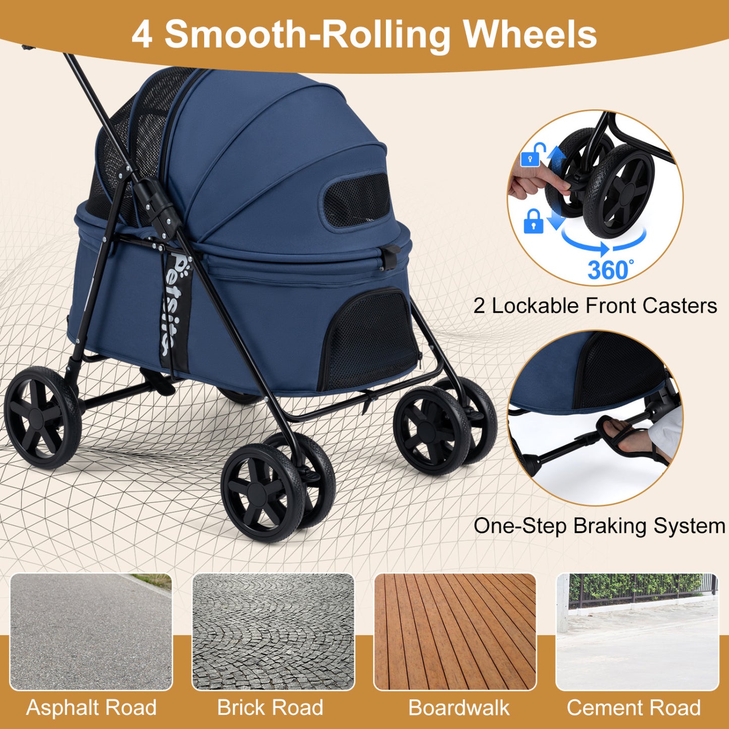 Pet Stroller for Small Medium Dogs Foldable with One-Step Rear Brake and Canopy, Navy