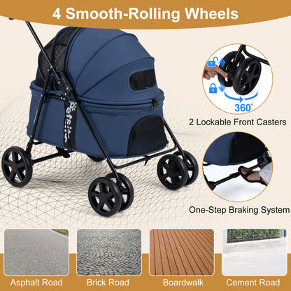 Pet Stroller for Small Medium Dogs Foldable with One-Step Rear Brake and Canopy, Navy