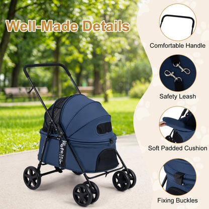 Pet Stroller for Small Medium Dogs Foldable with One-Step Rear Brake and Canopy, Navy