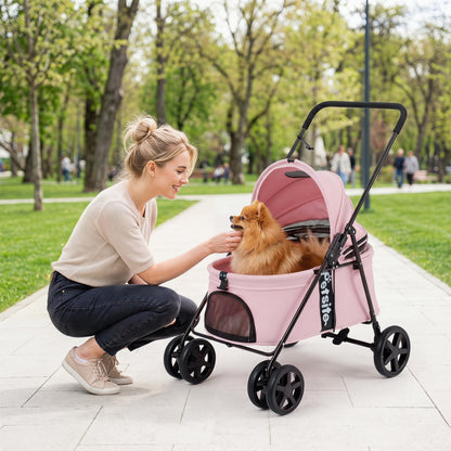 Pet Stroller for Small Medium Dogs Foldable with One-Step Rear Brake and Canopy, Pink