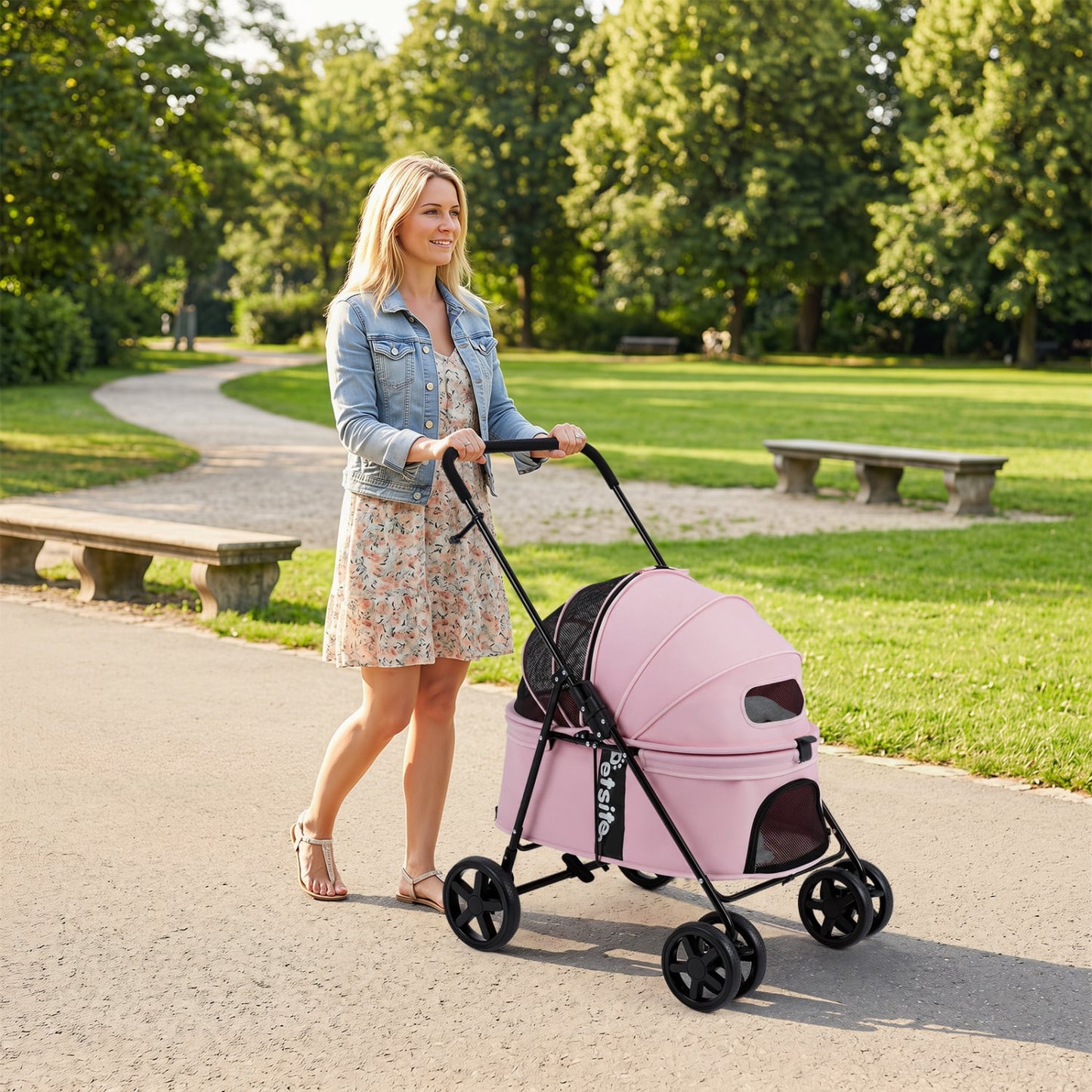 Pet Stroller for Small Medium Dogs Foldable with One-Step Rear Brake and Canopy, Pink