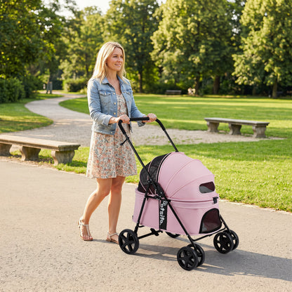 Pet Stroller for Small Medium Dogs Foldable with One-Step Rear Brake and Canopy, Pink