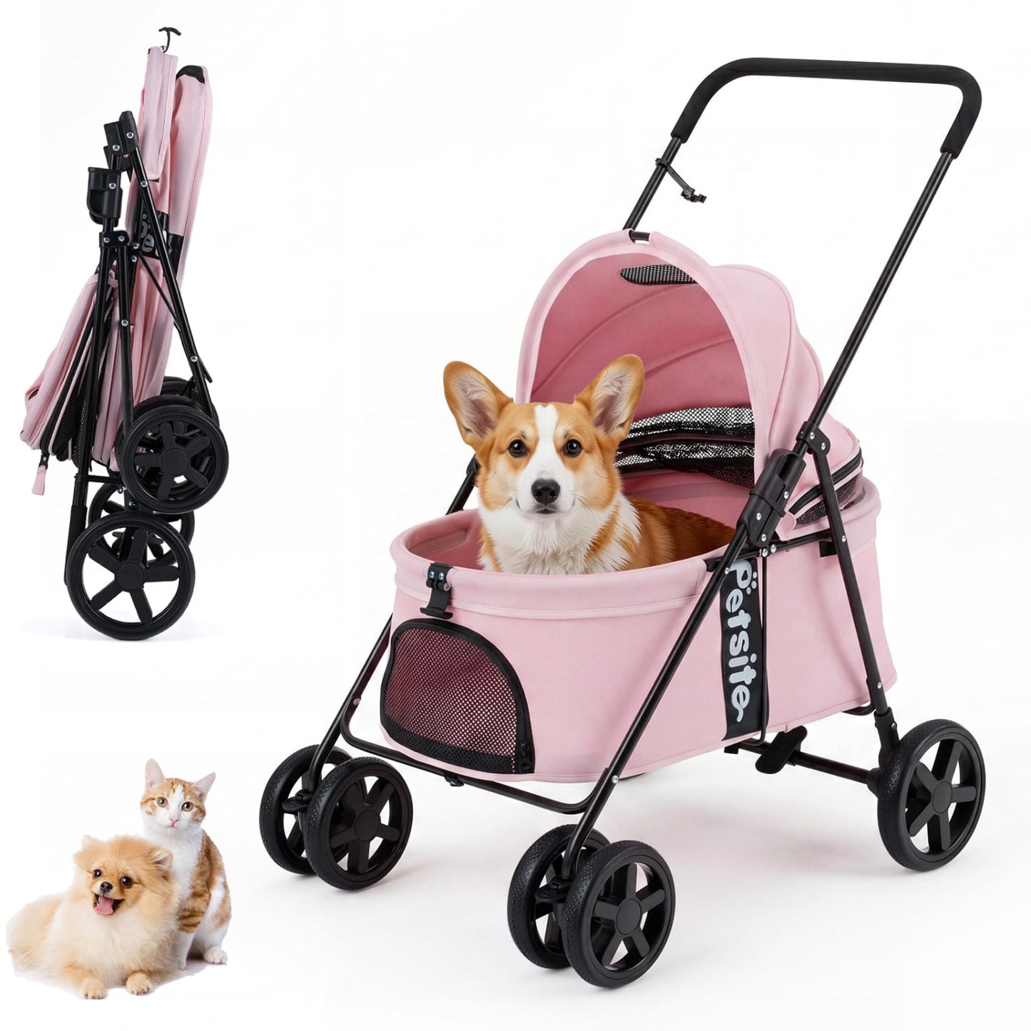 Pet Stroller for Small Medium Dogs Foldable with One-Step Rear Brake and Canopy, Pink
