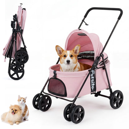 Pet Stroller for Small Medium Dogs Foldable with One-Step Rear Brake and Canopy, Pink
