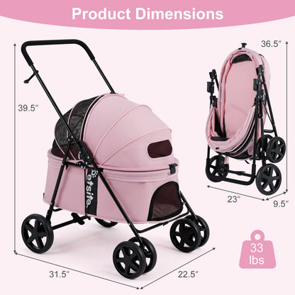 Pet Stroller for Small Medium Dogs Foldable with One-Step Rear Brake and Canopy, Pink
