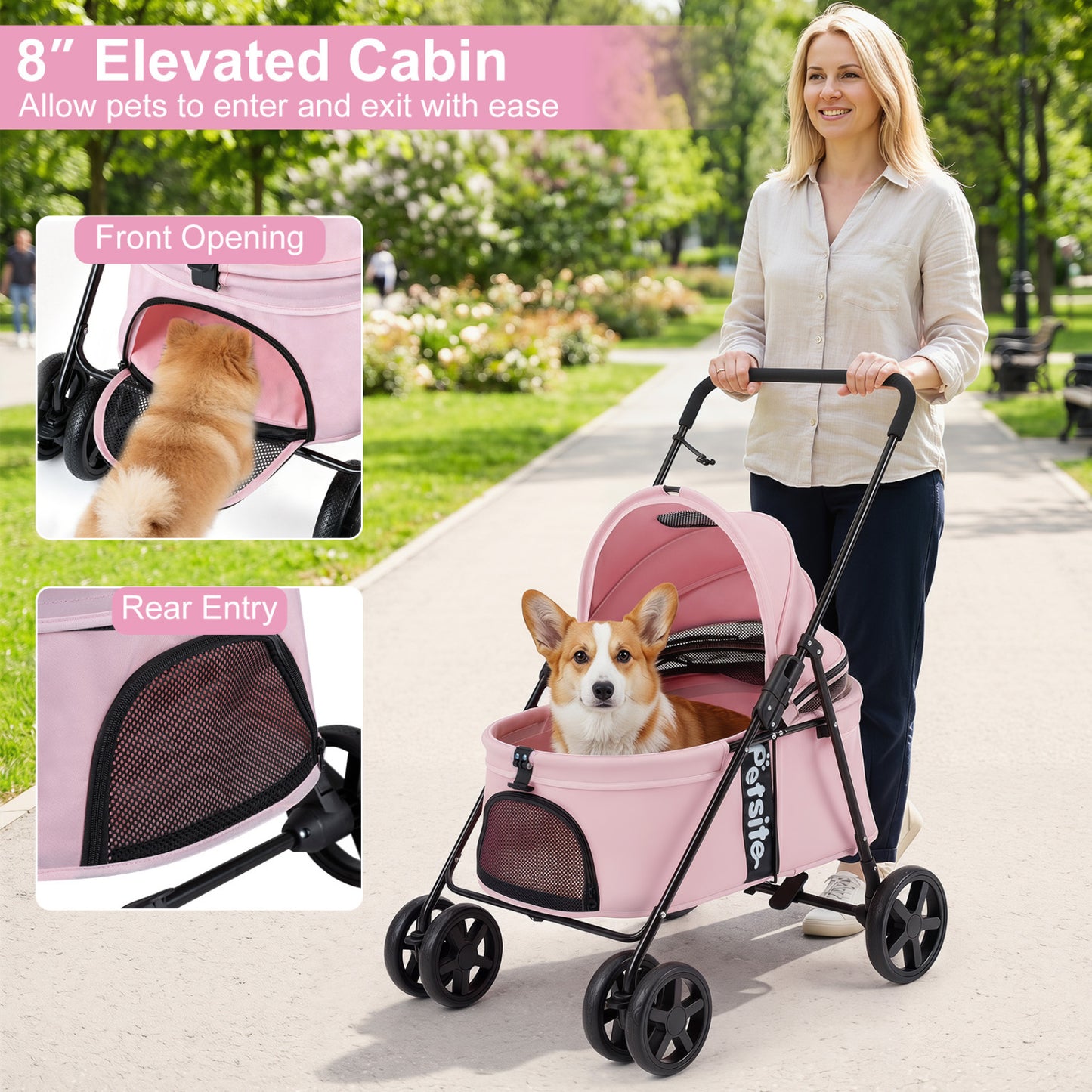 Pet Stroller for Small Medium Dogs Foldable with One-Step Rear Brake and Canopy, Pink
