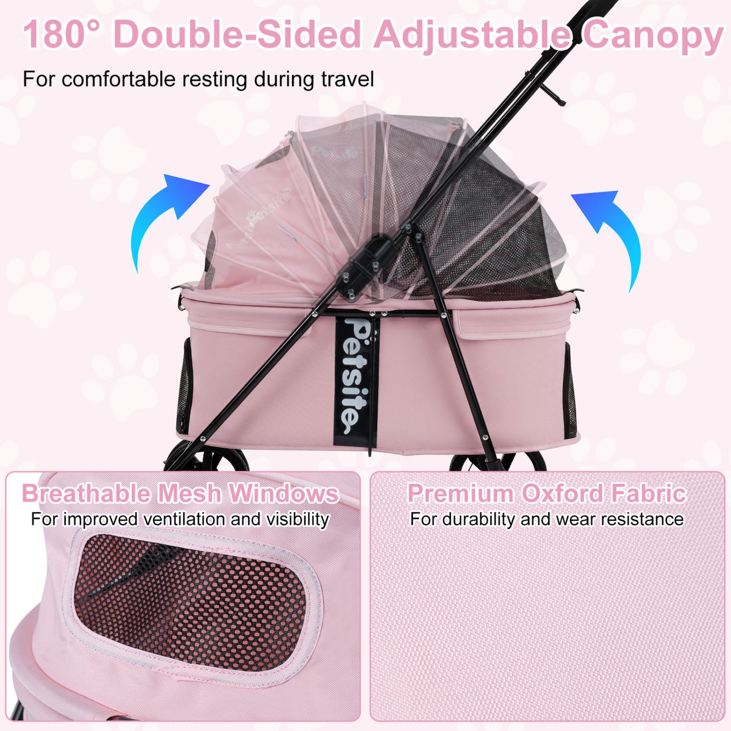 Pet Stroller for Small Medium Dogs Foldable with One-Step Rear Brake and Canopy, Pink