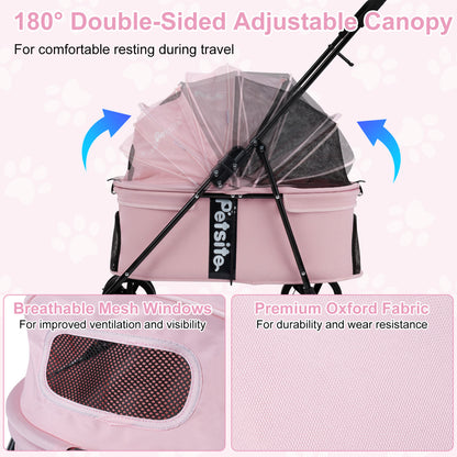 Pet Stroller for Small Medium Dogs Foldable with One-Step Rear Brake and Canopy, Pink