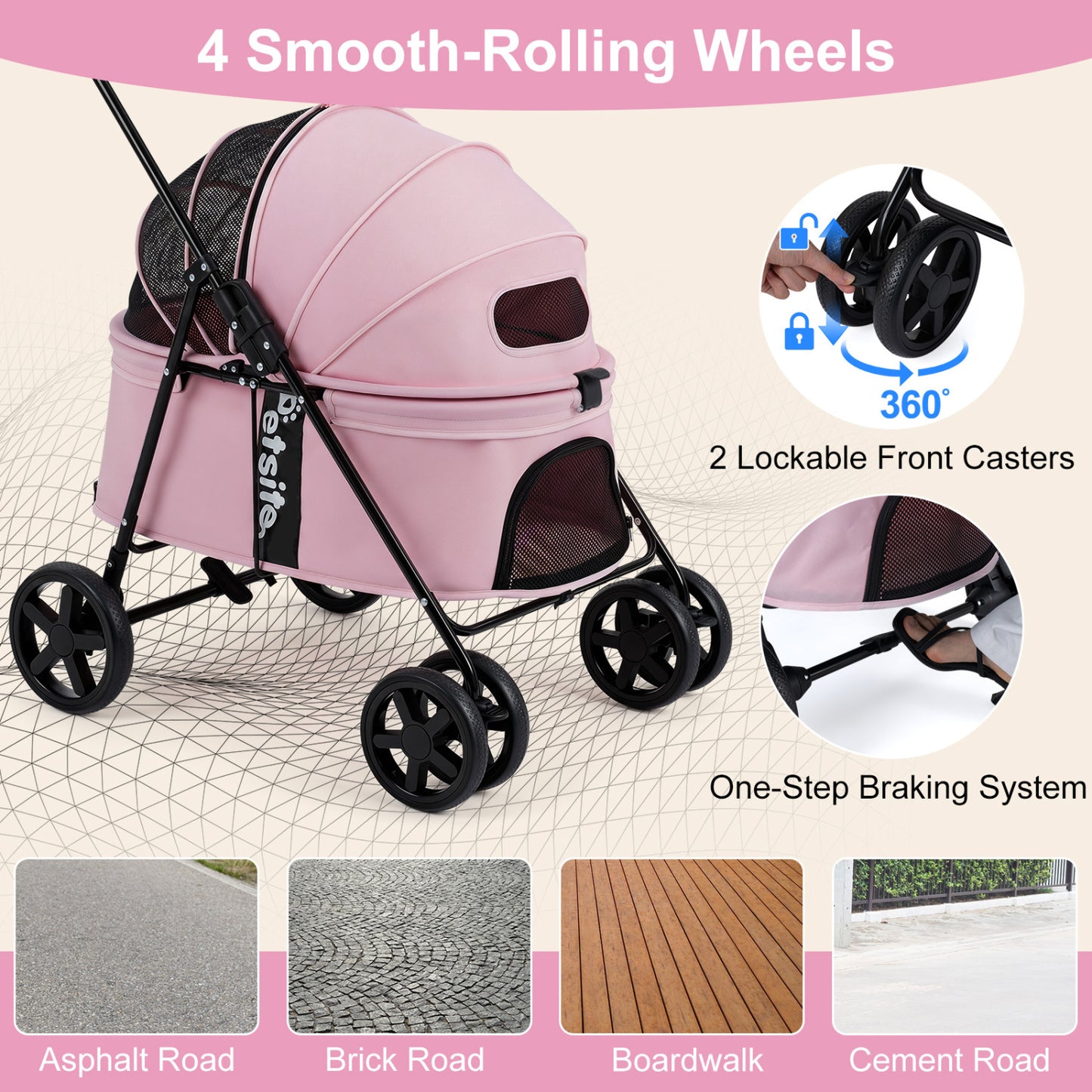 Pet Stroller for Small Medium Dogs Foldable with One-Step Rear Brake and Canopy, Pink