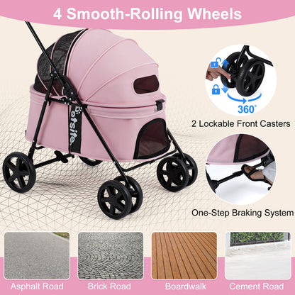 Pet Stroller for Small Medium Dogs Foldable with One-Step Rear Brake and Canopy, Pink