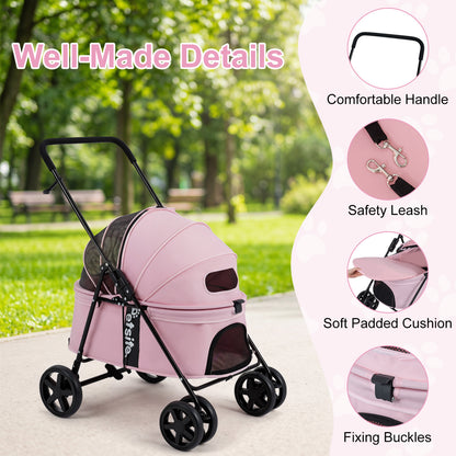 Pet Stroller for Small Medium Dogs Foldable with One-Step Rear Brake and Canopy, Pink