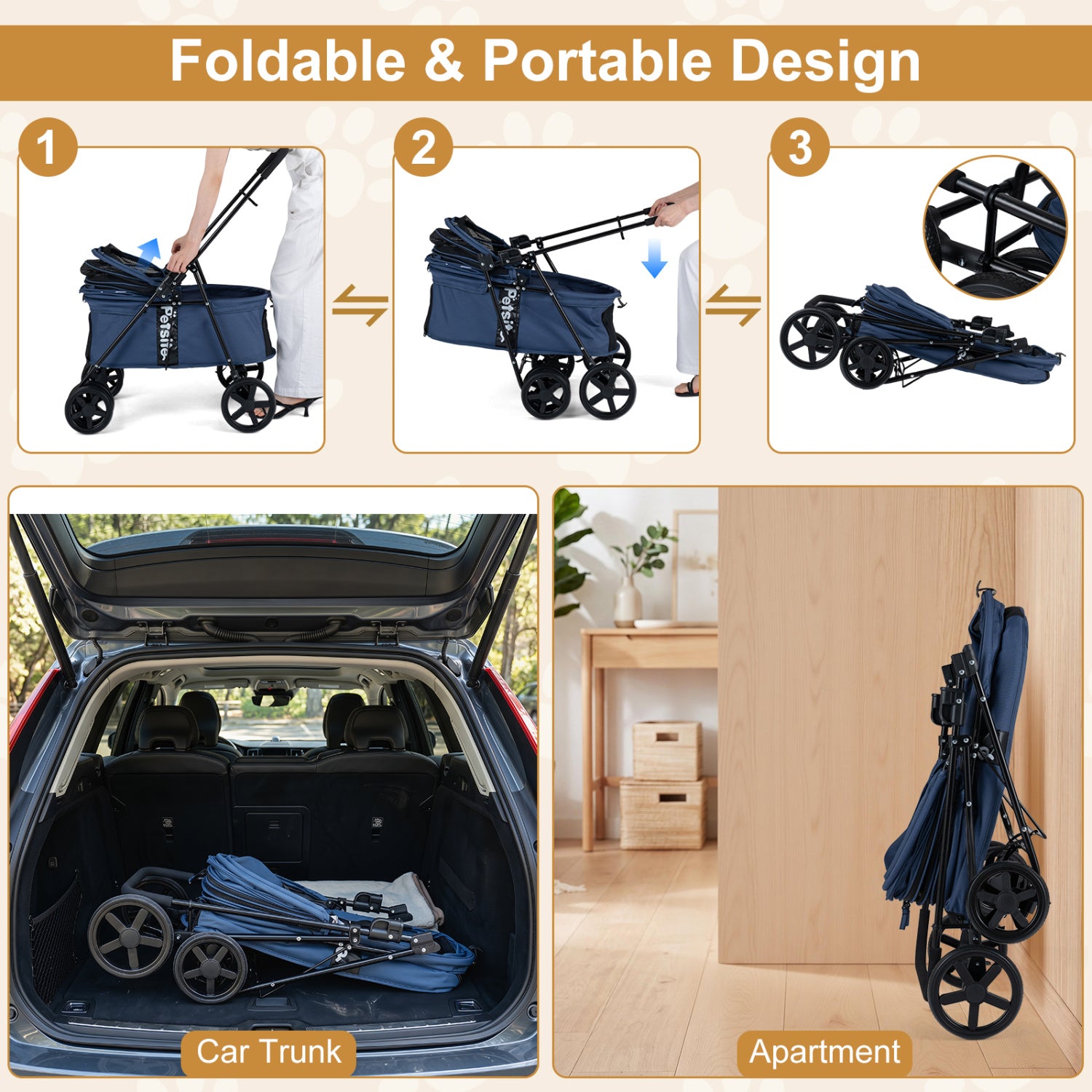 Pet Stroller for Small Medium Dogs Foldable with One-Step Rear Brake and Canopy, Navy Dog Supplies at Gallery Canada