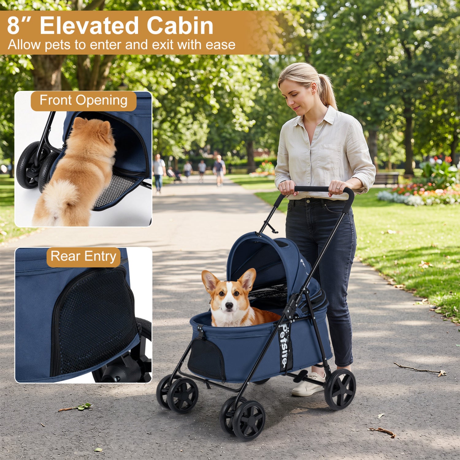 Pet Stroller for Small Medium Dogs Foldable with One-Step Rear Brake and Canopy, Navy Dog Supplies at Gallery Canada