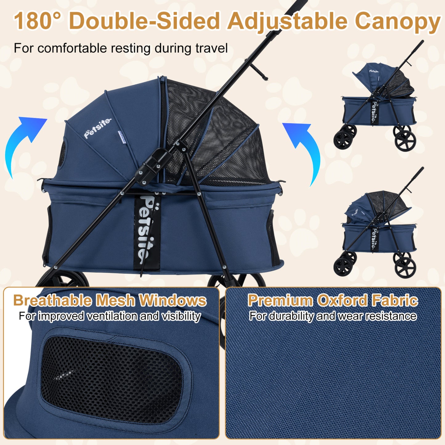 Pet Stroller for Small Medium Dogs Foldable with One-Step Rear Brake and Canopy, Navy Dog Supplies at Gallery Canada