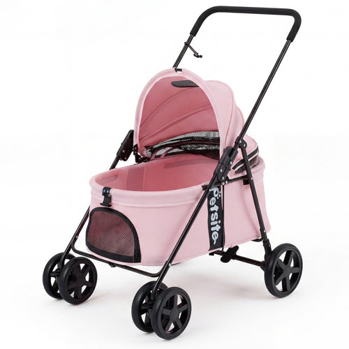 Pet Stroller for Small Medium Dogs Foldable with One-Step Rear Brake and Canopy, Pink