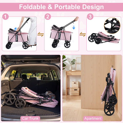 Pet Stroller for Small Medium Dogs Foldable with One-Step Rear Brake and Canopy, Pink Dog Supplies at Gallery Canada