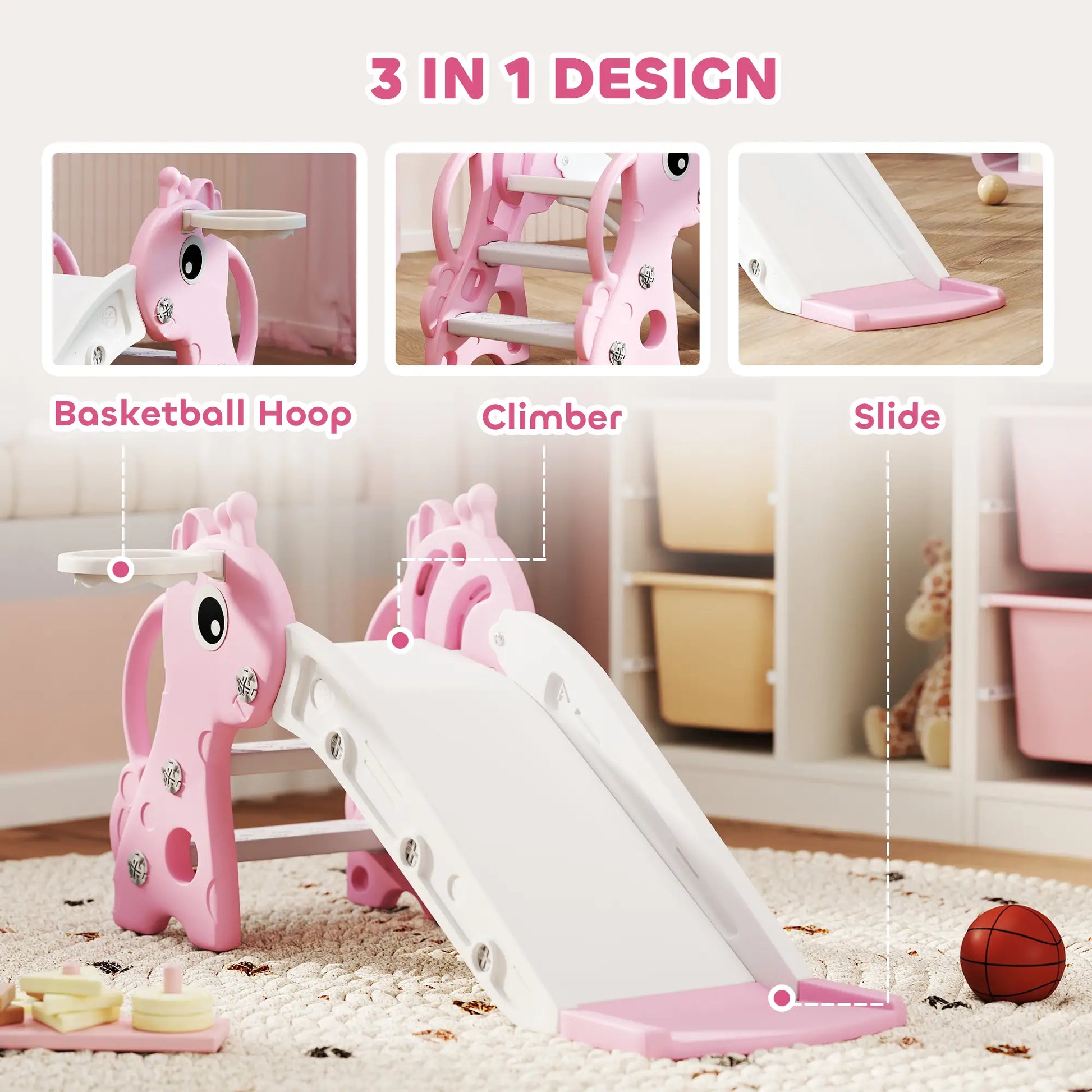3 in 1 Toddler Slide, Climber, Basketball Hoop, Giraffe Design, Pink Gym Sets & Swings at Gallery Canada