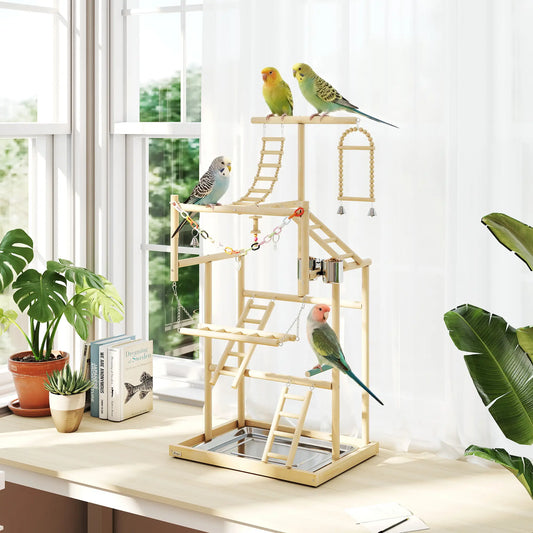 Bird Playground, 4 Layer Wooden Play Stand, Ladders, Chain Toy, Stainless Steel Cups Bird Cages Natural at Gallery Canada