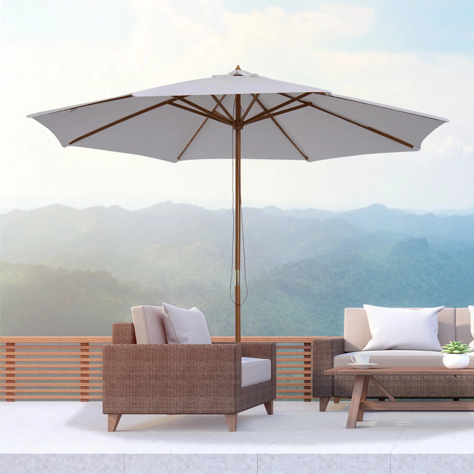 10' x 8' Bamboo Round Patio Umbrella, White Sun Umbrellas at Gallery Canada