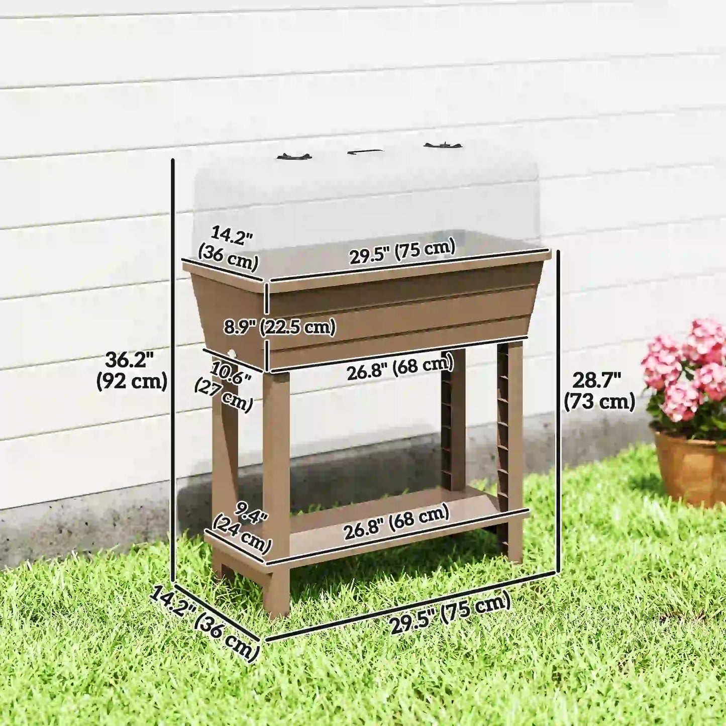 41L Self Watering Raised Garden Bed, Transparent Lid, Storage Shelf, Brown
