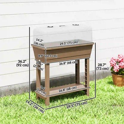 41L Self Watering Raised Garden Bed, Transparent Lid, Storage Shelf, Brown